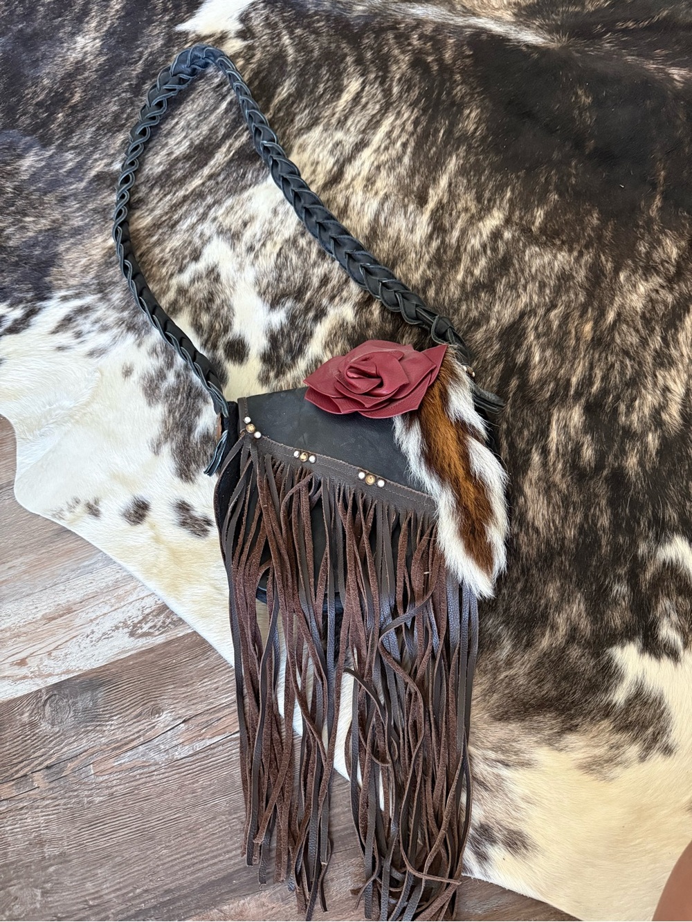 Rowdy Rose - Boho Fringe Crossbody Bag with Rose and Fur Accent